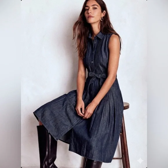 Boden denim dress Midi Pleated Button Down Dark Wash Belted sizes 14L NWOT - Picture 1 of 9